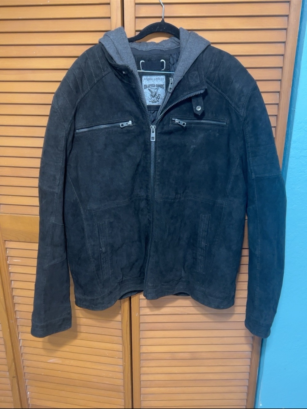 Angelo Litrico Black Suede Moto Jacket Removable Hood Quilted Lining